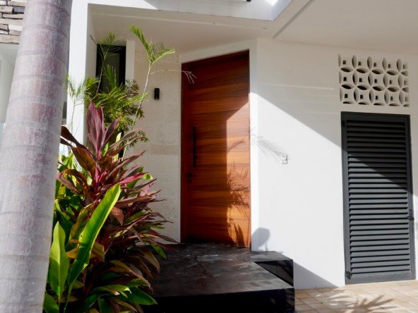 House for sale on Huayacan Ave – main entrance with wooden door, tropical garden and minimalist design on white facade