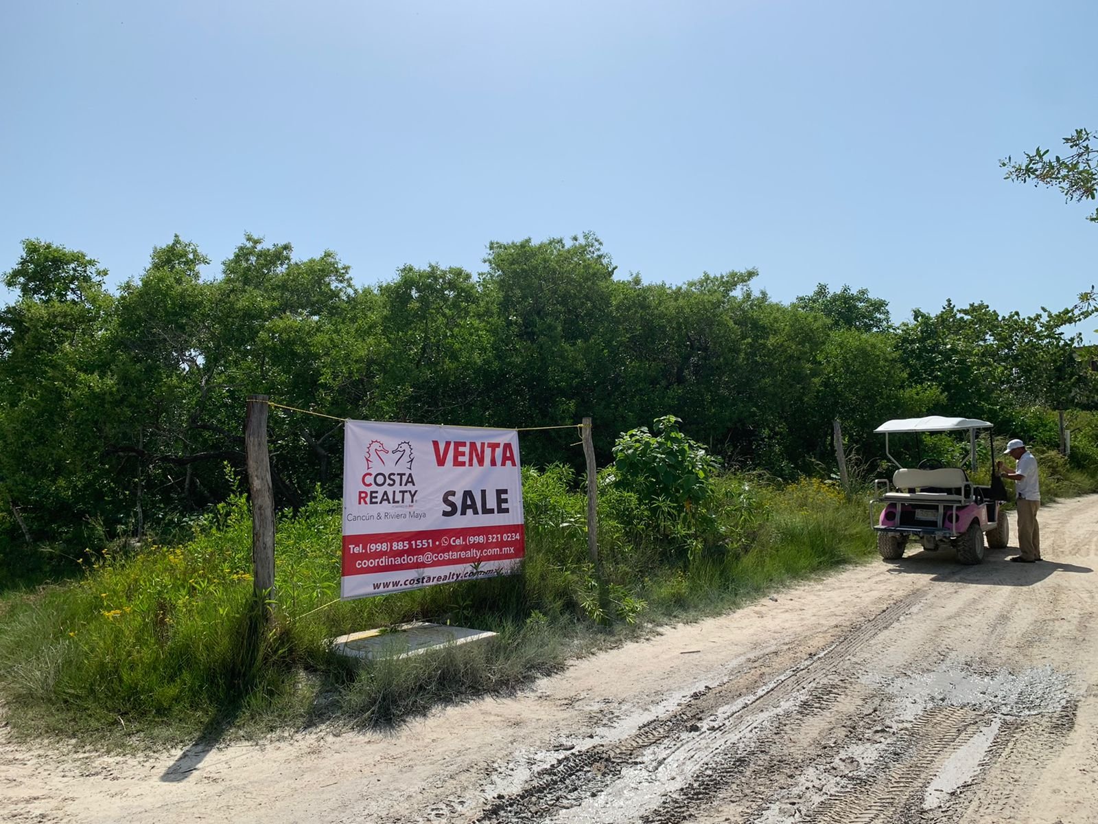 Land for sale on Holbox Island – A sandy path lined with tropical vegetation and palm trees leading to the beach