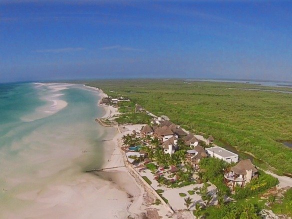 Land for sale on Holbox Island – aerial view of a turquoise-water beach with mangrove vegetation in the background